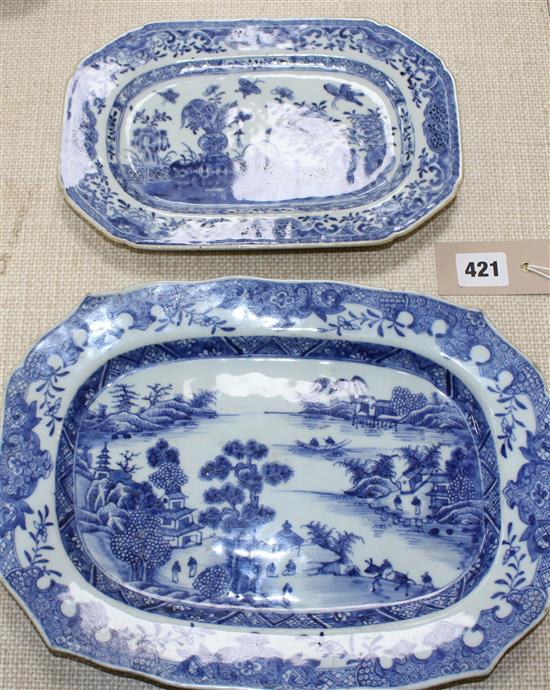 Two 18th century Chinese blue and white octagonal meat plates, 25cm and 31cm, a circular plate decorated with warriors, 25cm, another w